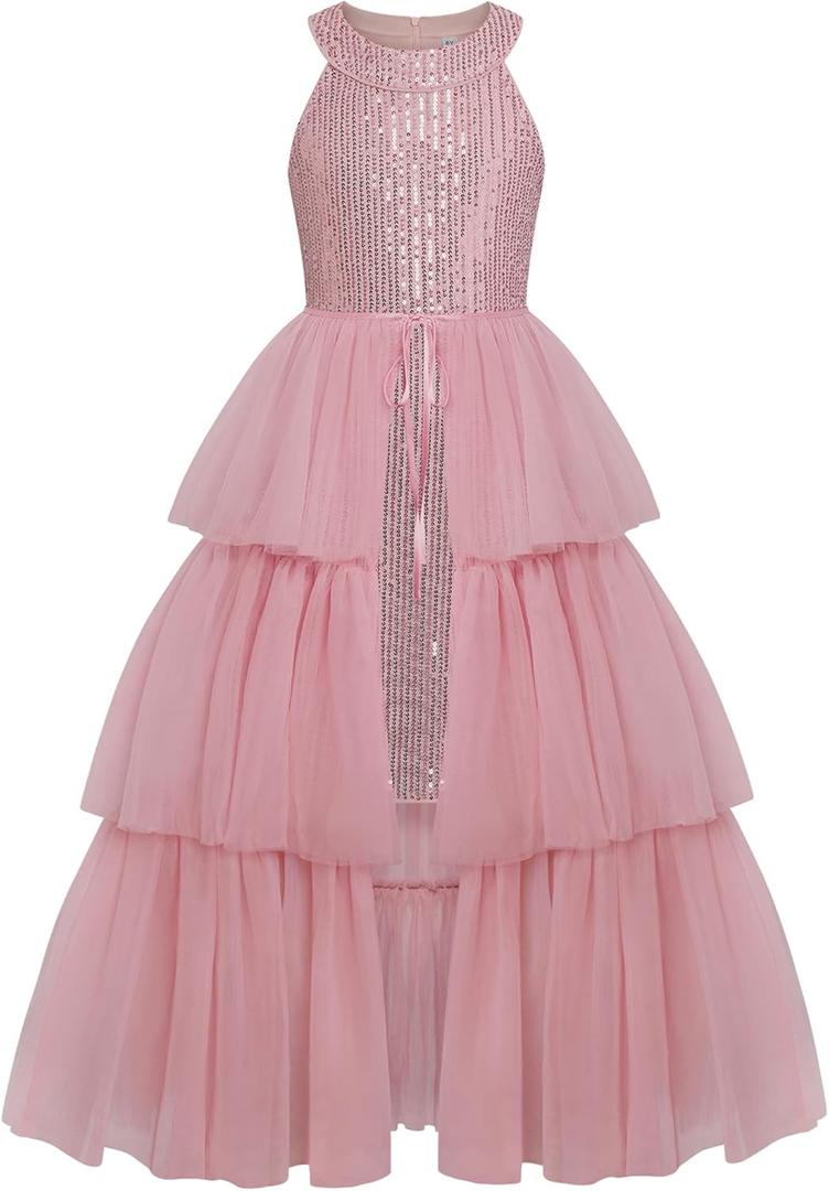 Girls' Special Occasion Dresses Pageant Formal Sequin Halter Dance Dress for Flower Birthday Party Princess Wedding Size 10 Pink