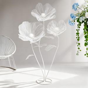 Life Size Flowers - 67-Inch Tall Tulle Poppy Decorations for Wedding Backdrops, Party Arrangements, Mall Store Window Displays (White)