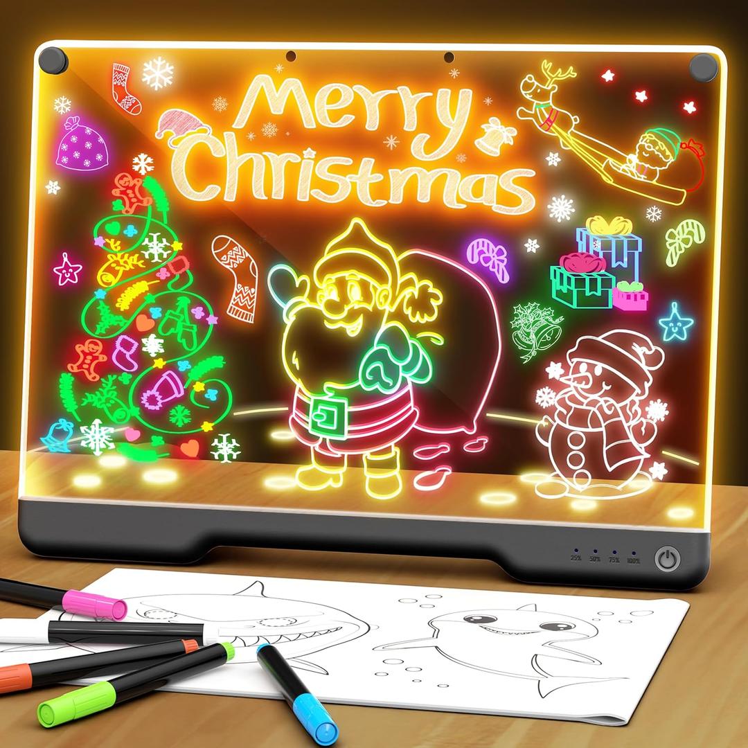 Portable LED Note Board with Colors, Rechargeable 16-inch 7 Light Effects Doodle Glow Memo Message Dry Erase Drawing Lumi Board with Stand for Gift/Classroom/Office/Kids, 5 Markers & Sketchbook