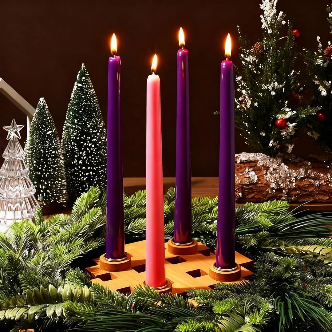 Mumufy 5 Pcs Advent Candle Holder Set Christmas Centerpiece Religious Decorations Snowflake Shape Wooden Advent Candlestick Holders with Purple Pink Taper Candles for Thanksgiving Christmas Nativity