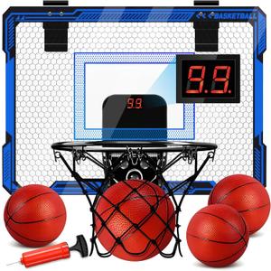 Indoor Basketball Hoop for Kids - Over The Door Mini Basketball Hoop with LED Light & Scoreboard, Includes 3 Balls & Air Pump - Basketball Toys Gifts for 4-12 Year Old Boys Girls (Blue)