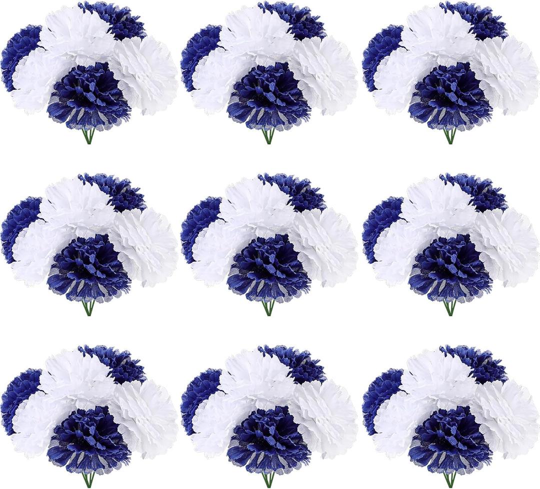 Tigeen 120 Pcs Silk Carnation Flower Artificial Carnations Fake Carnations Artificial Flowers Head for Wedding Decoration, DIY, Funeral Arrangements Wreaths Diameter 3.5'' and 6'' Stem (Blue, White)
