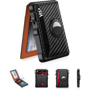 Airtag Wallet for Men, Mens Smart Wallet for Air Tag RFID Blocking, Minimalist Bifold Pop Up Aluminum Credit Card Case Holder 12+ Cards with ID Window, Gift for Men, No Airtag Included, Carbon Orange