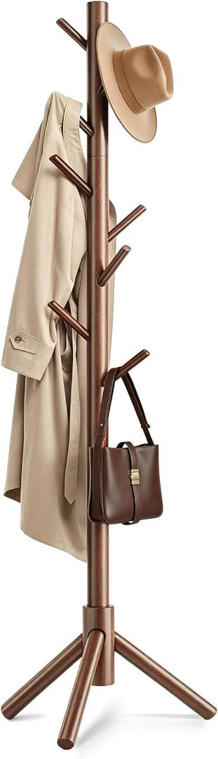 Wooden Coat Rack Freestanding with 8 Hooks & 3 Adjustable Sizes for Clothes, Space-Saving Design for Bedroom Office Entrance Holds Hats Coats Scarves Bags (1PC, Brown)