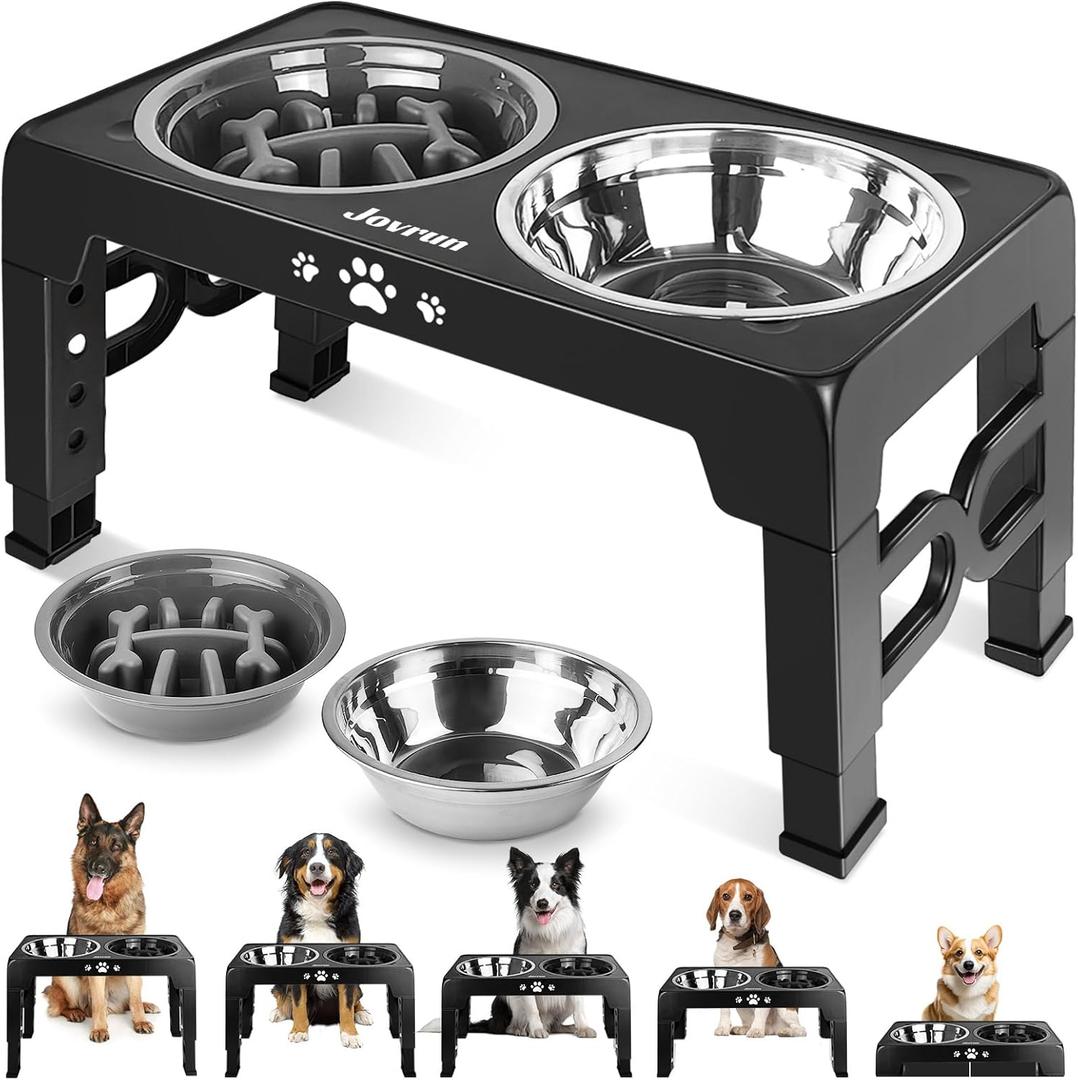 Jovrun Elevated Dog Bowls for Medium Large Size Dogs, Non-Slip Dog Feeder with 1*Stainless Steel Dishes & 1*Slow Feeder Bowl, 5 Heights Adjustable Raised Bowls to 3.15-8.66-9.84-11.02-12.2