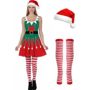 Hillban 3 Pcs Christmas Elf Costume Set Women Short Sleeve Christmas Dress Thigh High Socks Santa Hat (Medium)
