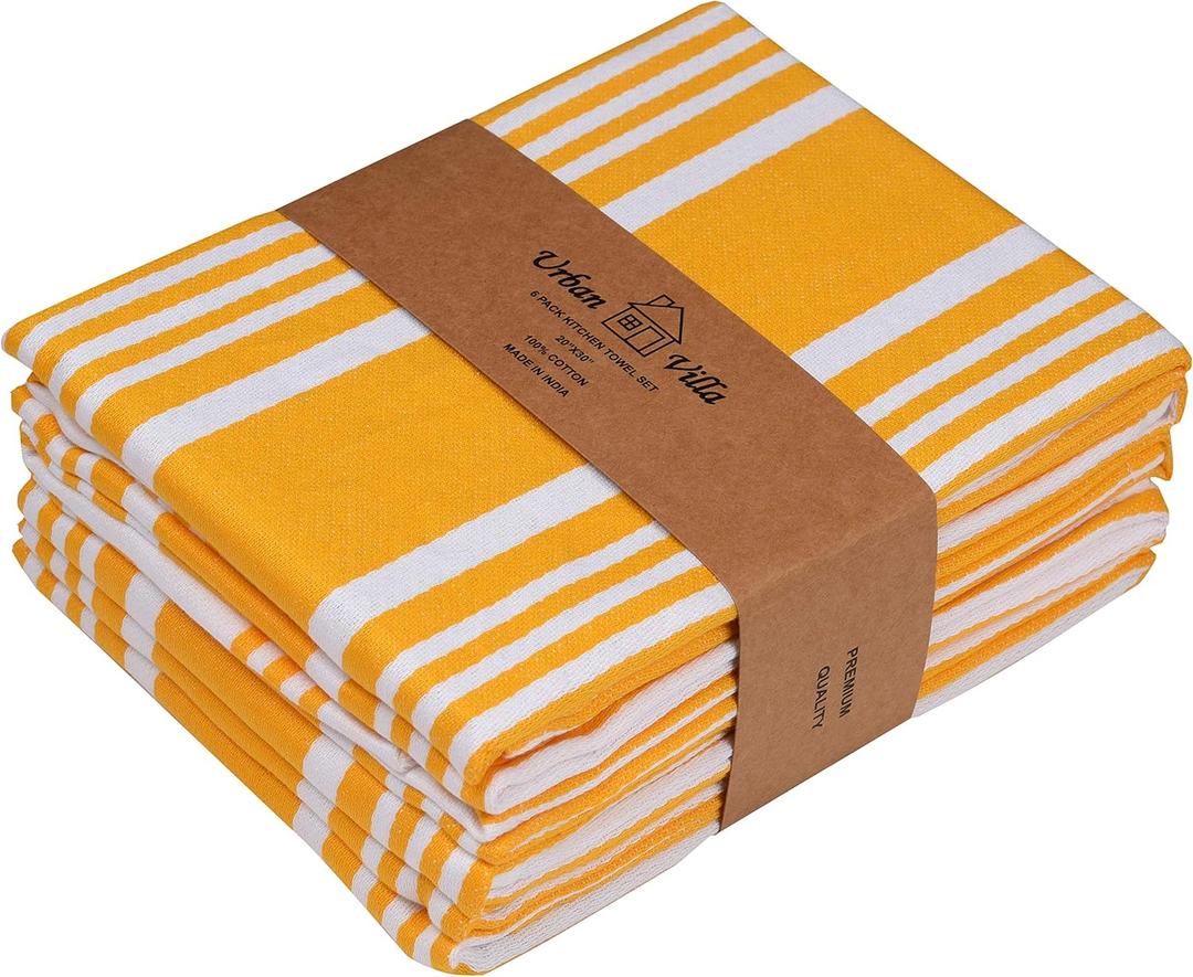 Urban Villa Kitchen Towels 100% Cotton Pack of 6, Highly Absorbent Quick Drying Super Soft Premium Dish Towels for Kitchen with Hanging Loop Hand & Tea Towels - 20x30 Inch, (Yellow & White, Striped)