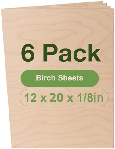 Rowood 6 Pack Birch Plywood 1/8,12x20x1/8inch, 3mm Thick Unfinished Wood for Laser Cutting and Engraving, DIY Ornaments, Wood Burning, Models Drawing