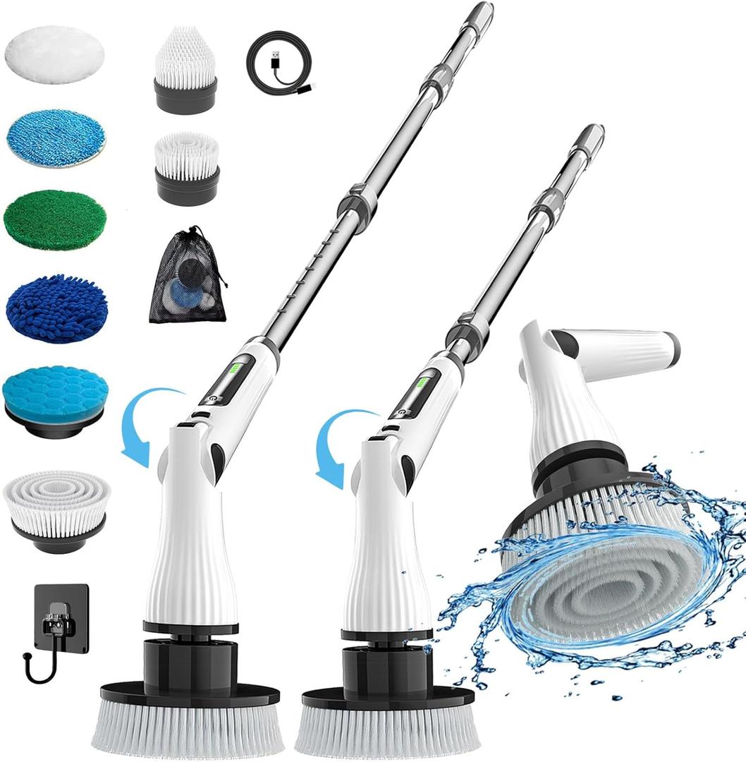 MGLSDeet Electric Spin Scrubber, Rechargeable Cleaning Brush with 8 Replaceable Brush Heads, Cordless Power Scrubber, Electric Scrubber for Cleaning Bathroom, Bathtub, Shower, Tile (White 8052)