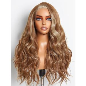 GORGIUS Brown Mixed Blonde Highlights Wigs Glueless Body Wave Ombre Wig Pre Plucked with Natural Hairline Lace Frontal Wigs Blonde Brown Colored Wigs 22 Inch Long Wigs Fiber & Remy Human Hair Blend (Highlight Blonde)