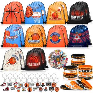 Grneric 110 Pcs Basketball Party Favors Drawstring Backpack with Keychains Silicone Bracelets Stickers for Sports Birthday Supplies Goodie Bags Basketball Themed Gifts