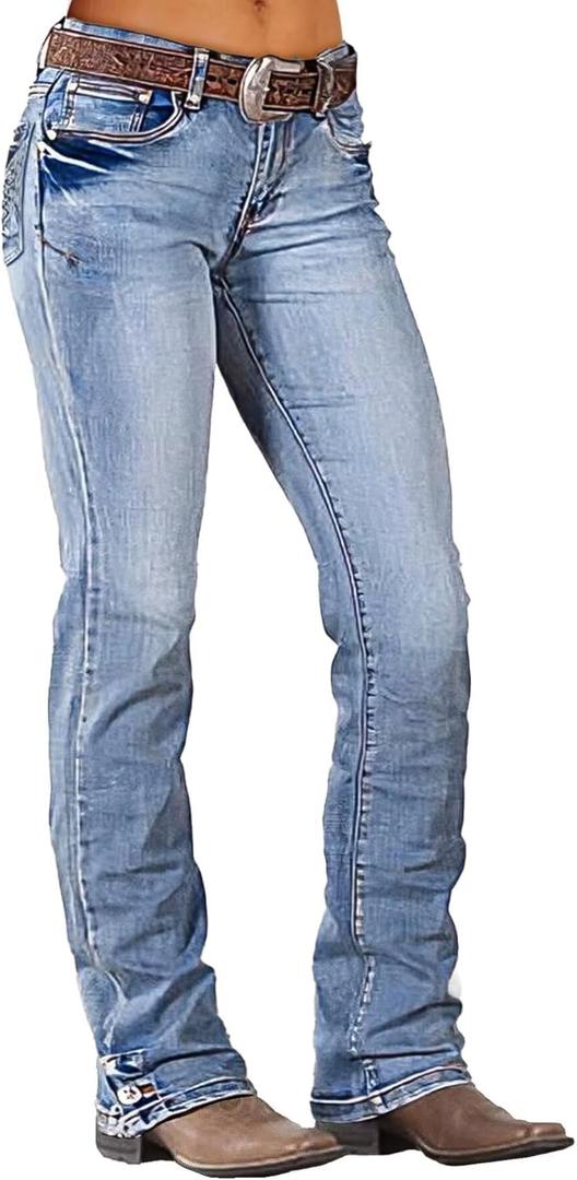 Flamingals Boot Cut Jeans for Women Mid Waist Flared Strechy Trendy Straight Leg Denim Pants (Medium, Light Blue)