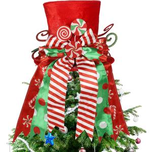 yofit Christmas Tree Topper Hat, Large Red Hat with Striped Bow Ribbon & Lollipop, Christmas Tree Decorations Top Hat, Desktop Ornaments for Home Xmas Holiday Winter Decor