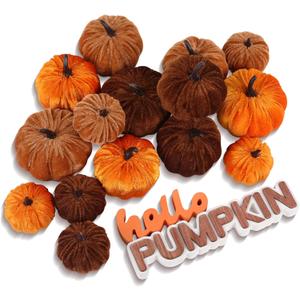 PurpleSwan 17 Pack Fall Artificial Velvet Pumpkins Decorations, Foam Faux Flocked Pumpkin Including Wooden Hello Pumpkins Sign, for Home Autumn Harvest Theme Party Halloween Thanksgiving Table Decor.