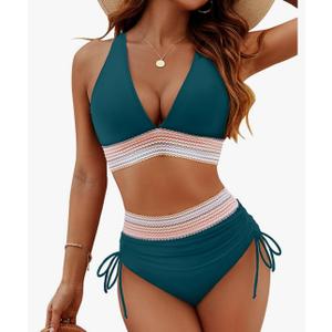 Blooming Jelly Women High Waisted Bikini Sets Tummy Control Swimsuits Color Block Two Piece Drawstring Bathing Suit, M, Navy Blue