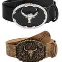 SHENHE Women's 2 Piece PU Leather Cowboy Belts Western Bull Head Buckle Vintage Belt Black and Brown suit waist size:41.3-45.3"