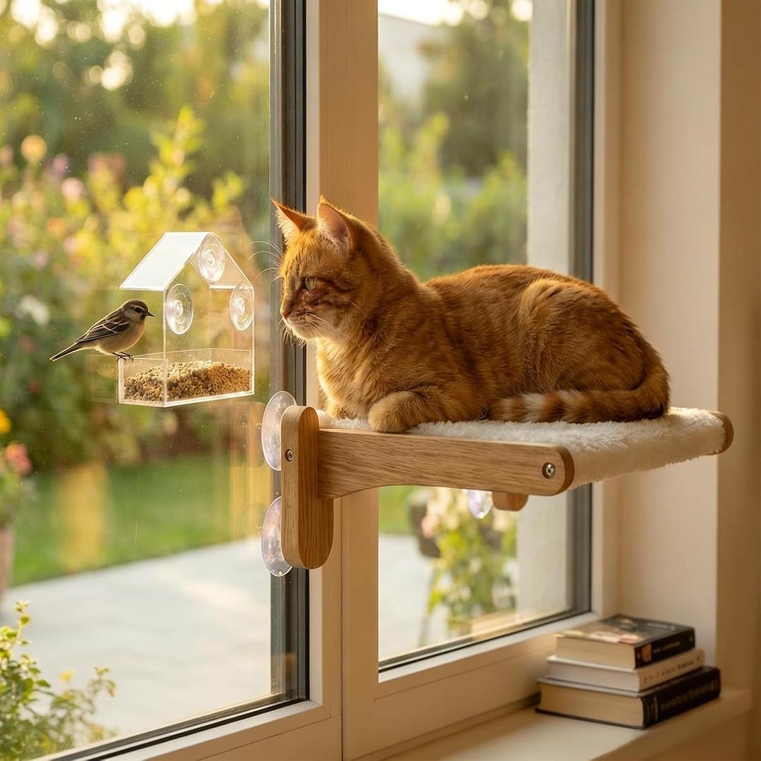 Cat Window Perch with Bird Feeder – Upgraded Bird Watching Solution for Indoor Cats, Foldable Cat Hammock Seat with Strong Suction Cups, Relieves Boredom & Stimulates Natural Instincts (Nature)