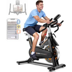Exercise Bike, Wenoker Stationary Bike for Home, App Supported Indoor Bike with Silent Belt Drive, Heavy Flywheel, Multi-grips Handlebar and Upgraded Digital Display (Black Orange Friction-App)