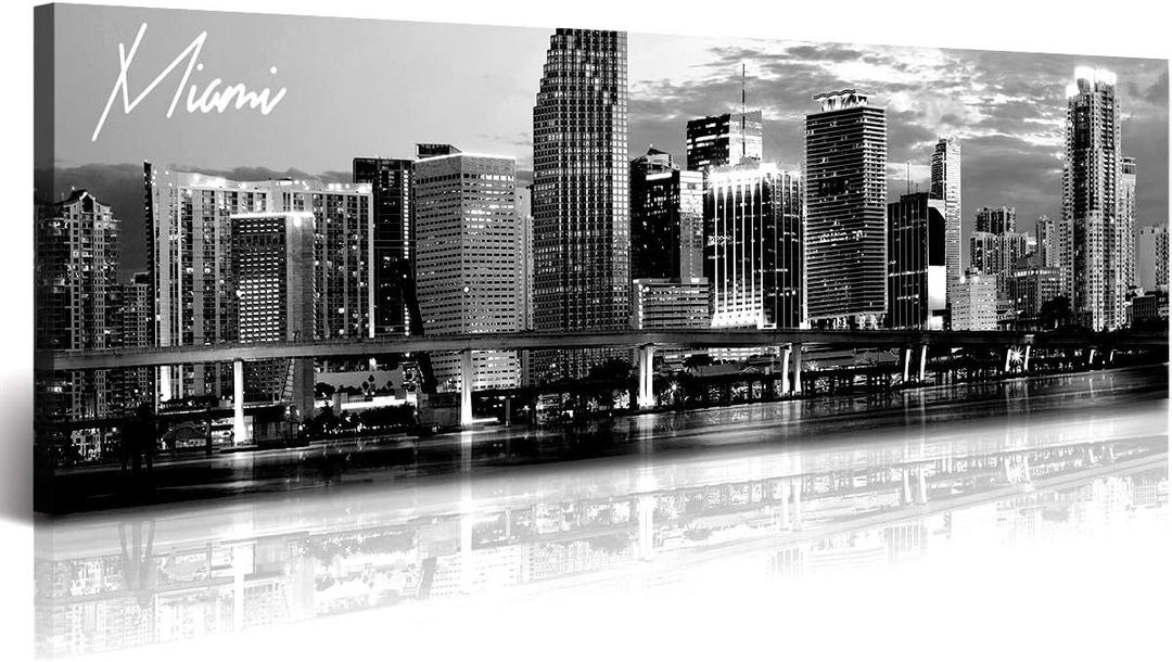 DJSYLIFE Miami Skyline Wall Art Decor Panoramic Cityscape Picture Modern USA City Night View Canvas Prints for Bedroom Office Living Room Decoration Stretched and Framed Ready to Hang 13.8"x47.3" (47.3L" x 13.8W")