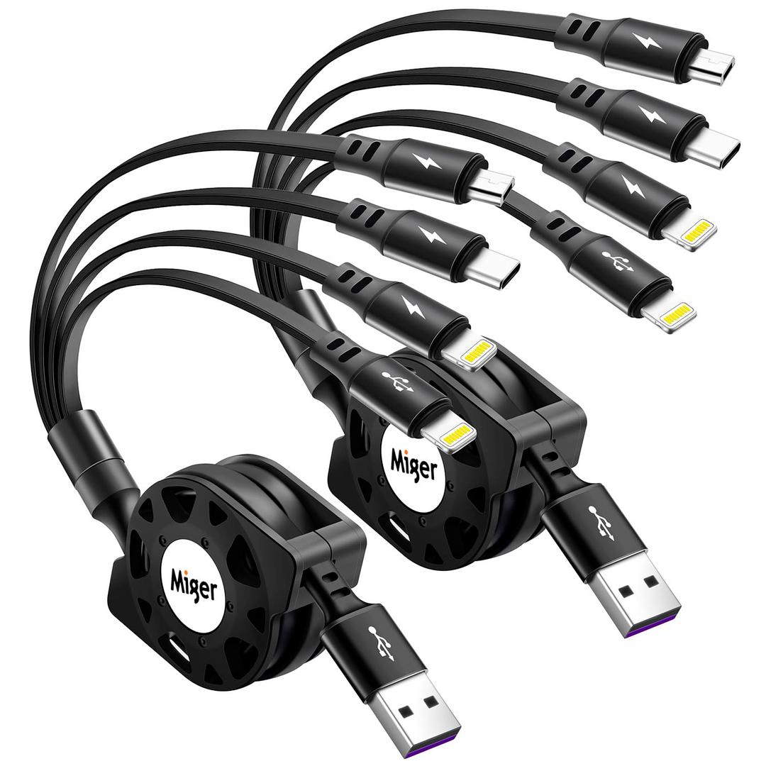 Multi Charging Cable,[2Pack 4Ft] 4 in 1 Retractable Phone Charger 4A Multiple Charger Cord,Retractable Car Charger for All Devices with Lightning/USB C/Micro USB Port for iPhone 17/16/15/14/Samsung/PS