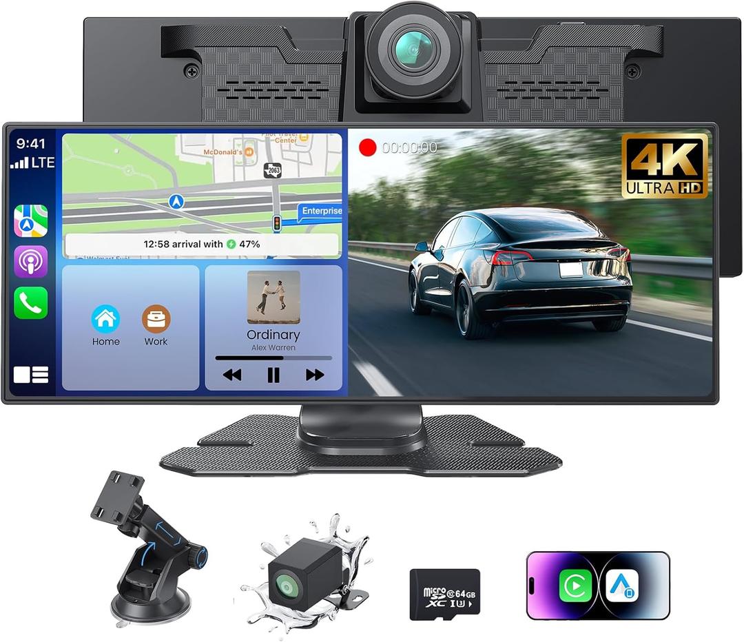 Portable CarPlay Screen for Car,Car Stereo with Apple CarPlay & Android Auto,Incell Touch Screen,4K Dash Cam,1080P Backup Camera,Mirror Link, Voice Control, Bluetooth 5.3,GPS,FM (11.26 Inch)