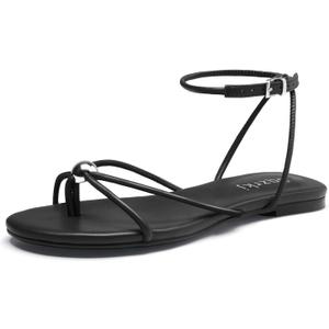 Sqzrkj Strappy Flat Sandals for Women Comfortable Open Round Toe Ankle Strap Thong Flip Flops Sandals Summer Beach Dressy Shoes Black, Size 9