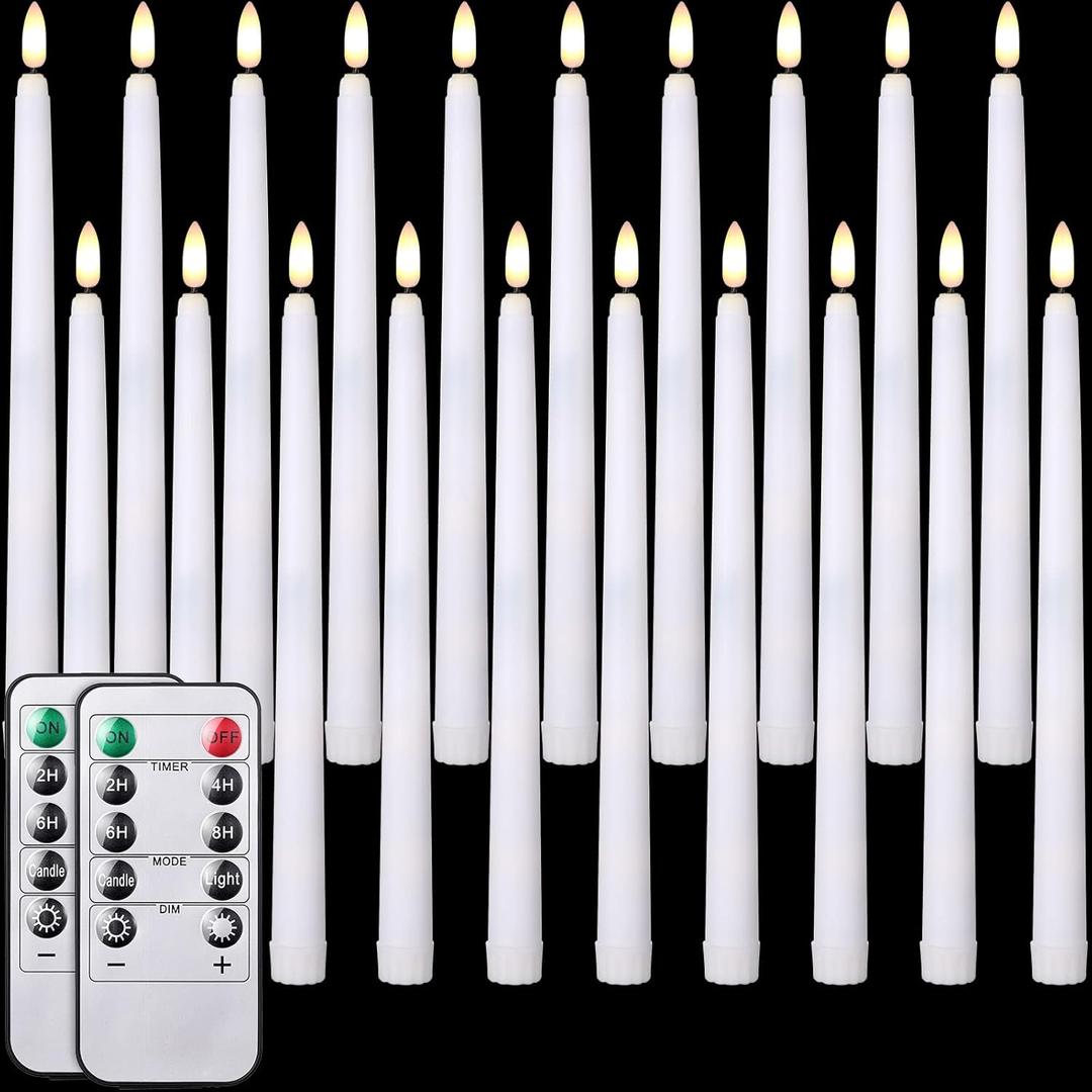 Tuanse 20 Pack White Flameless Taper Candles Flickering Bulk Long LED Advent Candlesticks Battery Operated with Remote and Timer 3D Realistic Wick Lights for Wedding Valentines Window Decor(10.83")