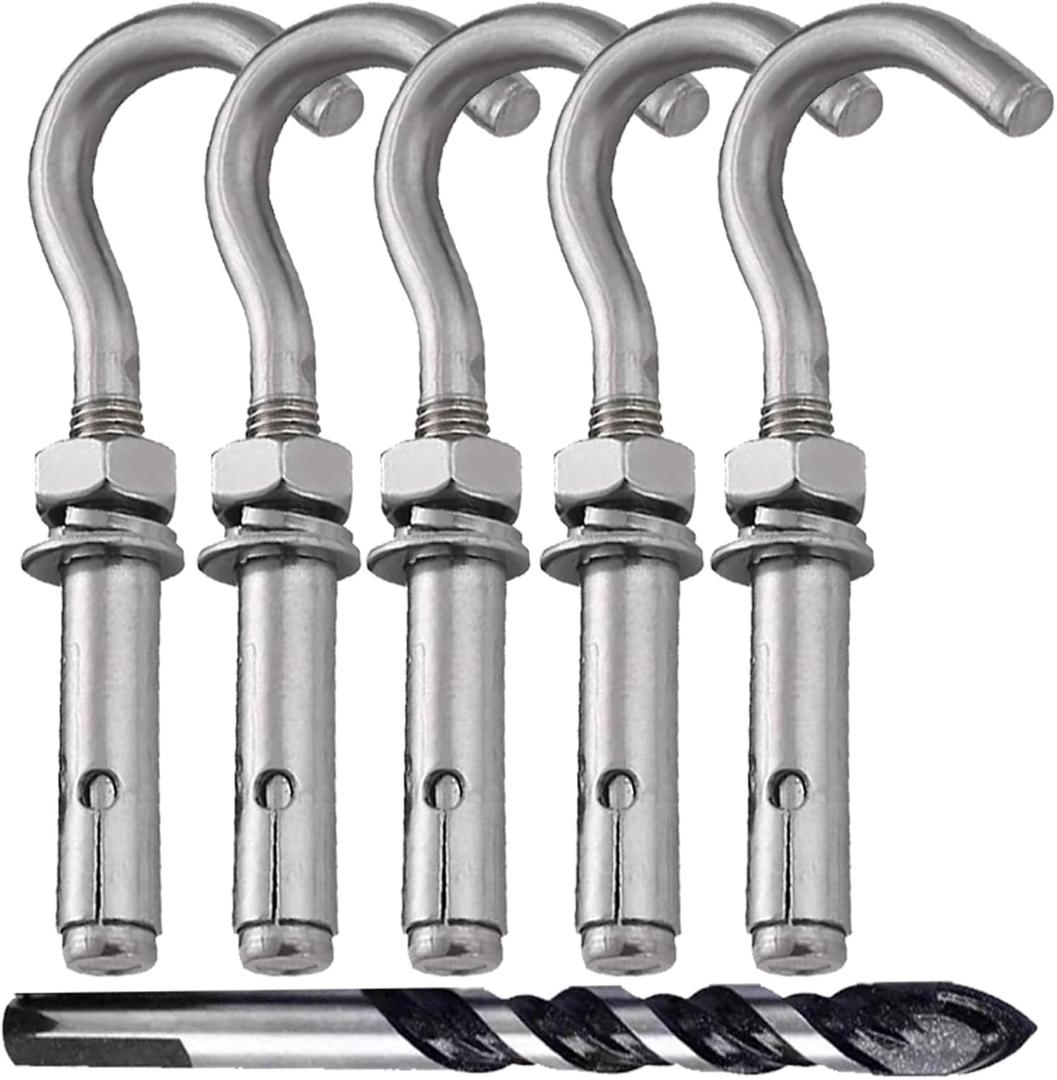Metal Wall Hangers Heavy Duty Concrete Wall Hooks,304 Stainless Steel Expansion Hooks Outdoor Wall Hooks for Hanging with Drill(M8-5PCS)