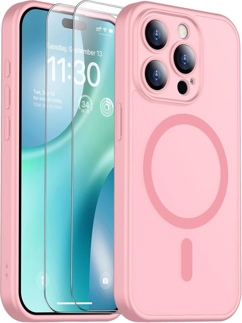 2 x SPIDERCASE Designed for iPhone 15 Pro Max Case, Magnetic Translucent [2 Tempered Glass Screen Protector] [Full Camera Protection] Anti-Fingerprint Anti-Scratch for iPhone 15 Pro Max 6.7, Pink