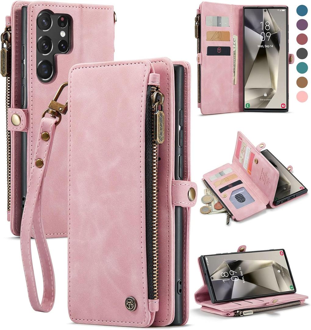 Defense case Compatible with Samsung Galaxy S23 Ultra Case Wallet with RFID Blocking Card Holder for Women Men, PU Leather Magnetic Snap Flip Zipper Strap Phone Case Fit for Galaxy S23 Ultra 5G, Pink (Airy Rose Pink)