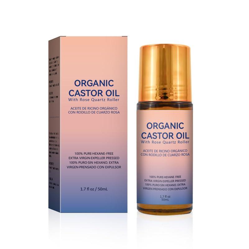 Organic Castor Oil Roll-On with Rose Quartz, 100% Pure Cold-Pressed & Unrefined, Hexane-Free, For skin, Eyebrows and Eyelashes, 50mL (1.7oz)