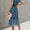 BTFBM Women Summer Bohemian Floral Casual Wrap V Neck Ruffle Cap Sleeveless Belt A-Line Pleated Hem Midi Sun Dress White (Blue, M)