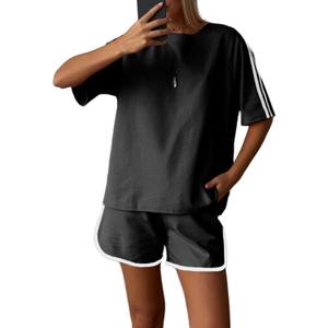 Dqbeng Womens Casual Summer 2 Piece Sets Cotton Short Sleeve Tshirt Matching Shorts Athleisure Set with Pockets (Black)