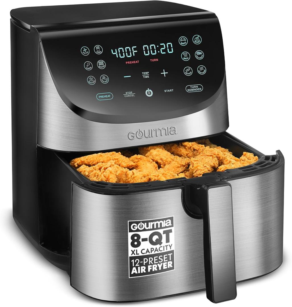 Gourmia Air Fryer - 8 Qt Extra Large Capacity, FryForce360, Digital Display with 12 Presets, Roast, Bake, Broil, Dehydrate, Dishwasher Safe Accessories, Stainless Steel
