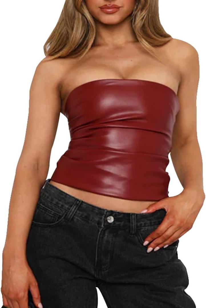 PU Leather Tube Top Strapless for Women Sexy Bandeau Vest Ruched Bustier Crop Top Streetwear (S)