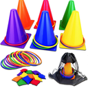 unanscre 31PCS 3 in 1 Carnival Outdoor Games Combo Set for Kids, Soft Plastic Cones Bean Bags Ring Toss Game, Gift for Birthday Party/Xmas