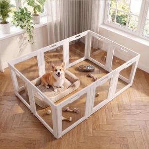 Clear Acrylic Dog Playpen Indoor,Non-Slip Design,Door Lock,Tool-Free Assembly,Safe Transparent Pet Exercise Pen for Home(10Panel,White