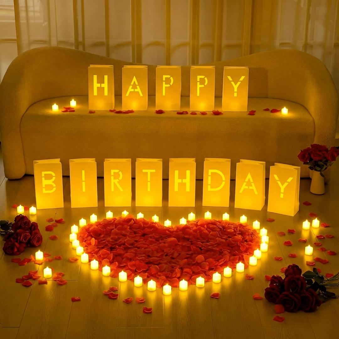 6085 Pcs Happy Birthday Light Up Letters with LED Flameless Tealight Candle Red Rose Petal Letter Luminary Paper Bag for Decoration Party Romantic Night Decor for Women Men
