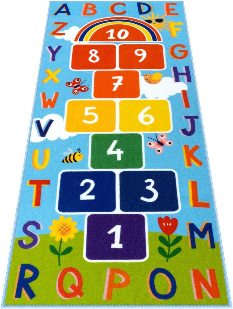 STARUIA Washable Hopscotch Kids Rugs for Playroom, Colorful Educational Classroom Rug with ABC Number, Non Slip Boy Kids Play Mat Rug Space Game Carpet for Bedroom Daycare（Dark Blue, 31.5''x72''）