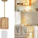 6" Gold Rattan Pendant Light, Boho Hanging Lamp with Adjustable Height, 2-in-1 Rattan & Glass Shade, Farmhouse Chandelier, Easy Installation, Ideal for Kitchen Island, Living Room, Bedroom