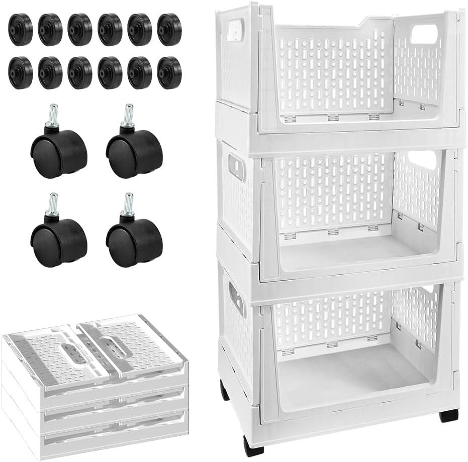 Stackable Plastic Storage Basket, Pack of 3 Foldable Closet Organizers and Storage Bins with Wheels, Collapsible Drawer Shelf Storage Box Container for Office Bedroom Closet Wardrobe Kitchen Bathroom