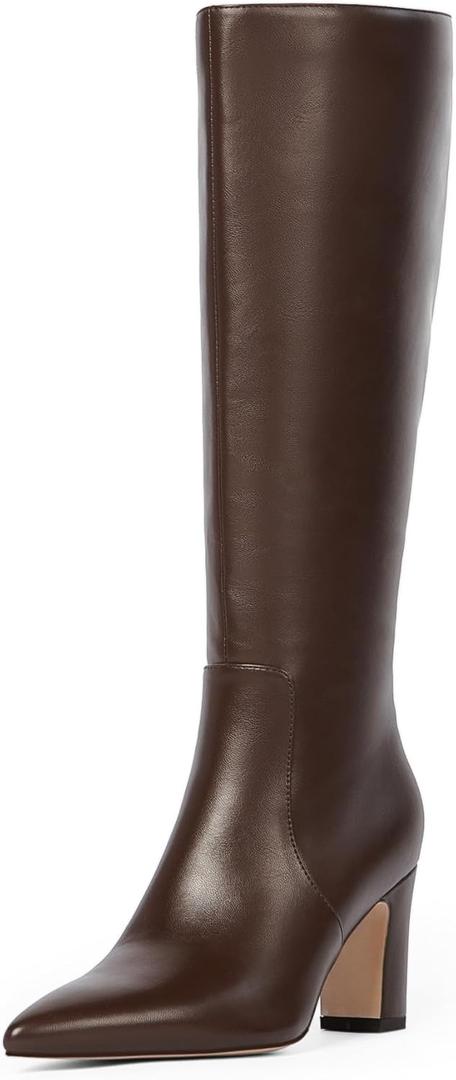 Knee High Boots for Women 3-Inch Chunky Heel Pointed Toe Side Zipper Fall Boots Dressy Comfortable Fashion (8.5, Dark Brown)