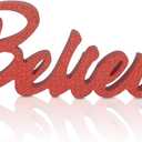 Weysat Believe Freestanding Cutout Wood Block Red Glitter Believe Sign Decorative Art Tabletop Wooden Letters Sign for Home Decoration Living Room Christmas Kitchen Family Bedroom Hall Decor
