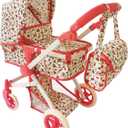 Convertible Combo Baby Doll Stroller for 3 Year Old Girls & Up | Play Toy Baby Stroller for Dolls, Folding Adjustable Bassinet Carriage Buggy with Storage Basket Converts to Sit Up Pushcart Pram, Red (Floral)