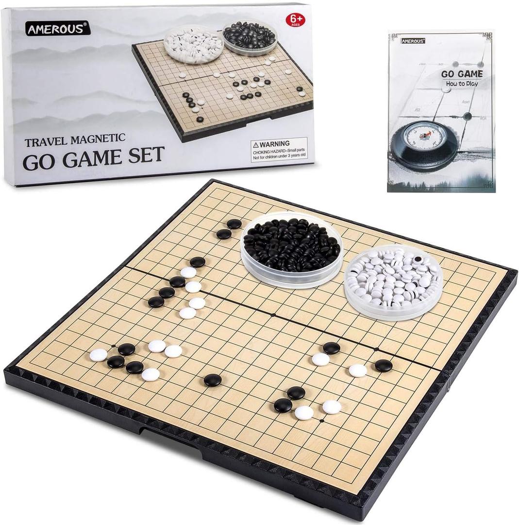 AMEROUS 11 Inches Magnetic Go Game Set (19 x 19), Travel Foldable Board Game Set with Magnetic Plastic Stones & Go Game Rules for Beginner, Kids, Adults Weiqi