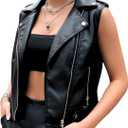 Women's Faux Leather Motorcycle Vest Black Sleeveless Biker Jacket with Zipper Pockets Casual Street Style Outerwear