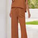 PRETTYGARDEN 2 Piece Outfits For Women Casual Tracksuit Short Sleeve Tops And Wide Leg Long Pants Matching Lounge Sets (L)