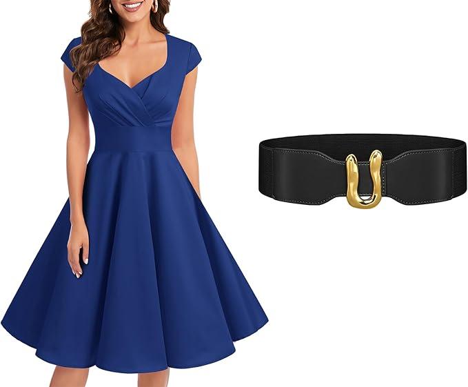Bbonlinedress Women 1950s Retro Vintage Cocktail Dress Royal Blue XL + Womens Elastic Wide Waist Belts Black, XL