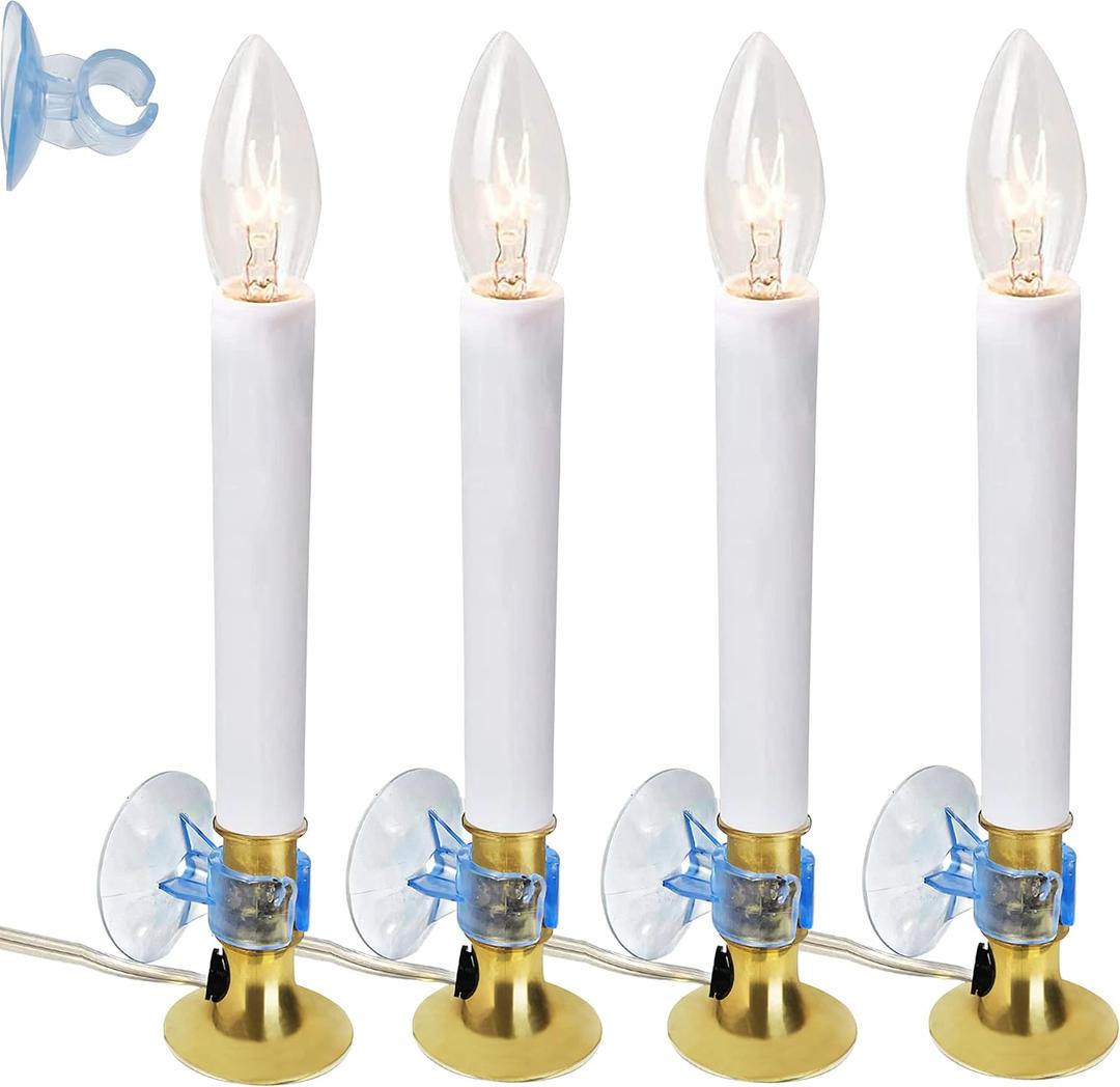 4E's Novelty 4 Pack Dusk to Dawn Electric Candles for Windows with Auto Sensor, and Plug in, Flameless Candles with Suction Cup Holder & Extra Bulb, Christmas Window Candles Bulk