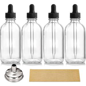 AOZITA 4 Pack, 4 oz Dropper Bottles with 1 Funnel & 4 Labels - Essential Oils Bottles for Health, Personal Care & Beauty - 120ml Thick Clear Glass Tincture Bottles with Eye Droppers, Leakproof